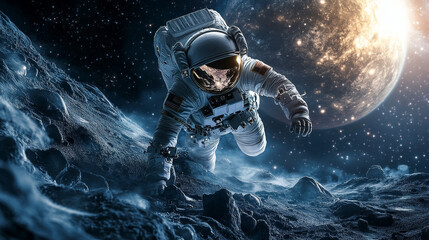 Obraz premium Space missions banner with astronaut in suit and helmet on alien planet in far galaxy. Vector landing page of cosmos exploration with cartoon illustration of cosmonaut in spacesuit