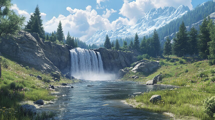 Fototapeta premium Waterfall landscape with river or lake vector illustration. Water cascade in rock paradise scene. Grass valley fantasy summer picture. Beautiful game park with riverside to travel. Cloud in sky