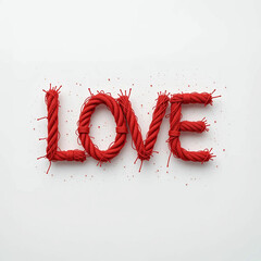 Here is your minimalist design featuring the word "LOVE" formed by a single piece of red rope against a white background.