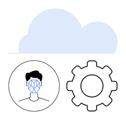 Cloud shape, facial recognition inside a circle, and gear wheel. Ideal for AI, facial ID, cloud computing, biometrics, automation security digital transformation. Abstract line flat metaphor