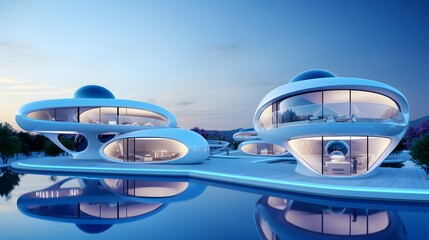 Obraz premium Conceptual 3D render of sleek modern and futuristic smart home designs placed on a clean white background Showcasing the innovative architecture