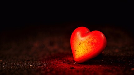 Fototapeta premium A red glowing heart on the ground, dark background.
