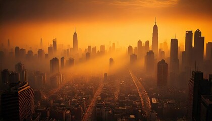 A Dystopian Dawn: A Dense, Toxic Smog Blankets a City Skyline, Evoking a Sense of Loss and Contemplation Amidst Carbon Emissions and a Hazy Orange Sky, Reflecting Environmental Concerns.