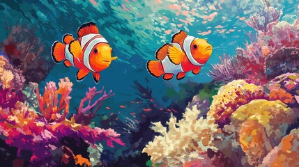 Naklejka premium Bright Clownfish Swimming in Colorful Coral Reef Underwater Scene