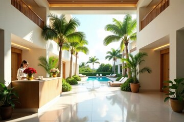 Obraz premium Serene Resort Reception Area with Pool View and Lush Tropical Landscaping
