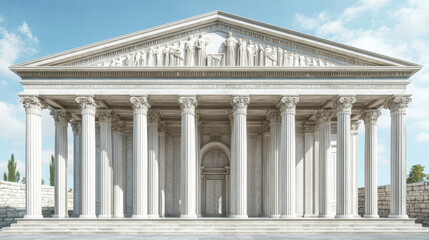 Obraz premium Ancient greek architecture with pillars. Vector realistic antique building with white marble wall and column with capital in doric style. Background with roman temple frame, classic palace arch