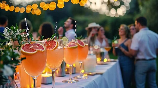 A vibrant scene of delicious cocktails at an outdoor gathering. The warm lights add charm. Ideal for celebrating with friends and sharing good times. Generative AI