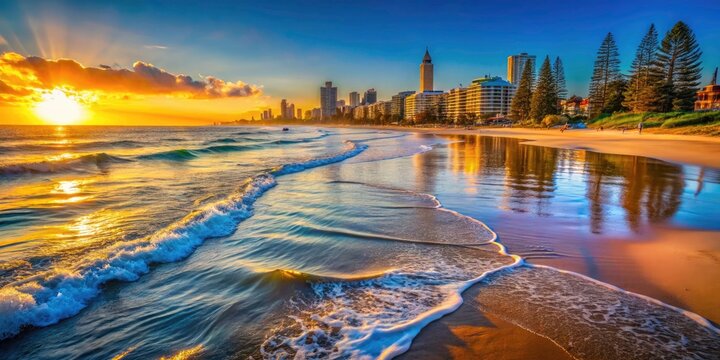 High-resolution Coolangatta Beach sunrise photo; Gold Coast's stunning dawn, a vibrant Australian masterpiece.