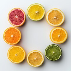 Obraz premium Colorful Citrus Fruit Arrangement on White Background Displaying Freshness