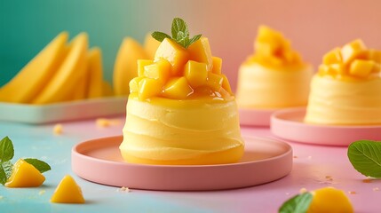 Mango mousse with fresh mango and mango puree isolated on a colorful background