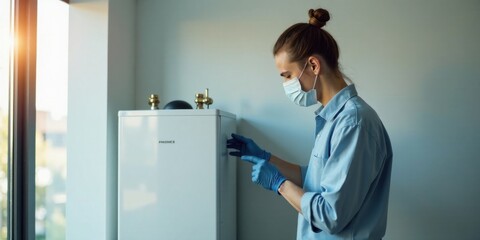 A person wearing a face mask and gloves carefully inspects a home appliance.