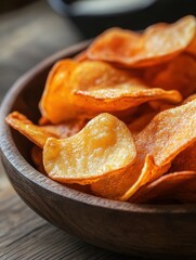 Golden crispy potato chips in a rustic wooden bowl, close-up view.