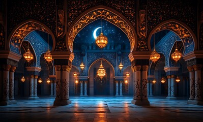 Obraz premium Illuminated archways with ornate lanterns in serene hall and crescent moon against blue backdrop