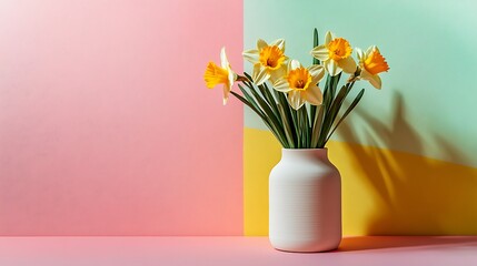 Modern cedar vase with daffodils and shortbread isolated on a colorful background