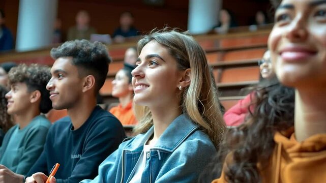 A group of diverse students attentively listening in a university lecture hall. Multicultural academic environment. Accessibility, diversity, and equality in education