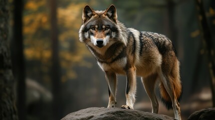 Fototapeta premium Majestic wolf standing on rock, autumn forest background; wildlife nature photography