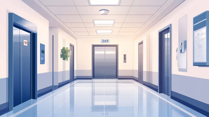 Hospital corridor with room door vector cartoon background. Emergency hallway in clinic inside with double metal elevator and entrance to cabinet or ward with number. Empty ambulatory panorama