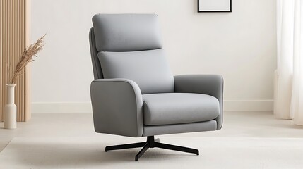A modern, stylish gray reclining chair placed in a bright, minimalistic room with natural light.