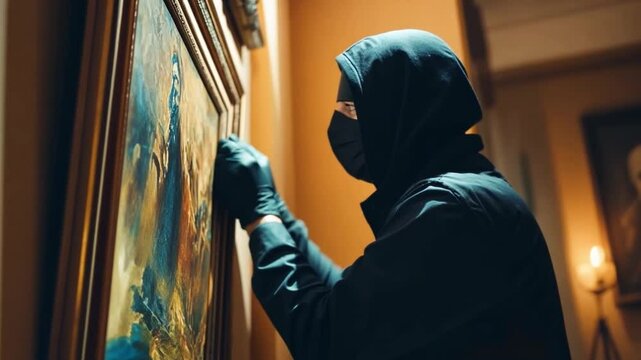 This video showcases a shadowy character seemingly engaged in a theft. The dark tones and focused action create a feeling of urgency and drama. Generative AI