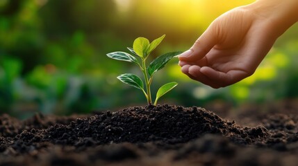 Nurturing New Life: A Hand Gently Tending a Young Sprout in Rich Soil