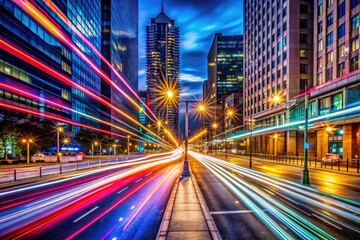 Fototapeta premium Long exposure street photography: city lights, abstract motion blur, creating captivating urban night scenes.