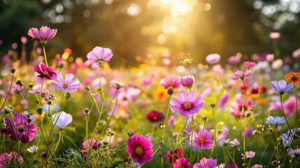Field of flowers with the sun shining on them.