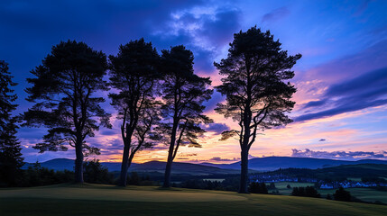 Obraz premium The silhouette of trees against the backdrop of a twilight sky, a view from an outdoor golf course