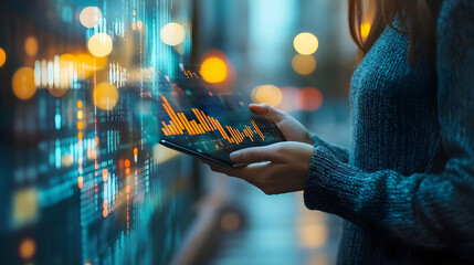 Person using a tablet to analyze financial data with glowing graphs and charts in a futuristic setting