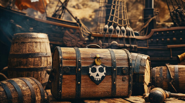 Pirate party posters, invitation flyers with old wooden treasure chest, black flag with skull, hook, barrel, ship and cannon, vector banners with cartoon illustration