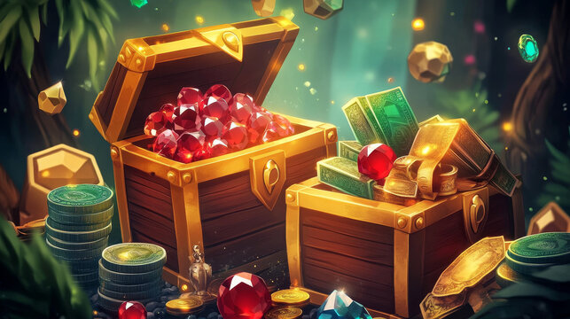 Treasure chests with gold coins, different gems, game icons. Vector cartoon illustration of open and closed ancient wooden boxes with heap of golden money, ruby and emerald crystals