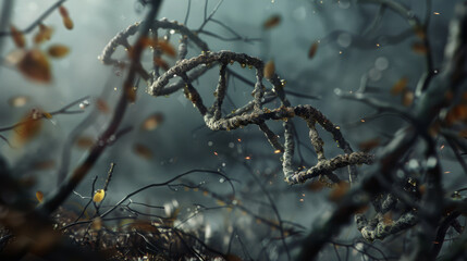 Mystical DNA strand in an eerie forest setting 
