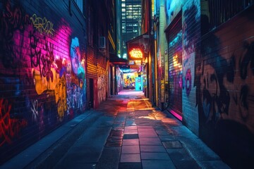 Neon-lit graffiti alley at night, city background; urban exploration