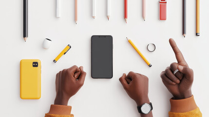 3D illustration set of hand gestures isolated on white background. African americal character holding smartphone, pencil, using smart ring, snapping fingers, pointing, making fist. 3D Illustration