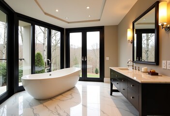Fototapeta premium Spa-Inspired Bathroom: Luxurious Design with Large Windows, Bathtub, Black Frames, White Marble, Beige Walls, Vanity Table, and Reflective Mirror, Ideal for Relaxation