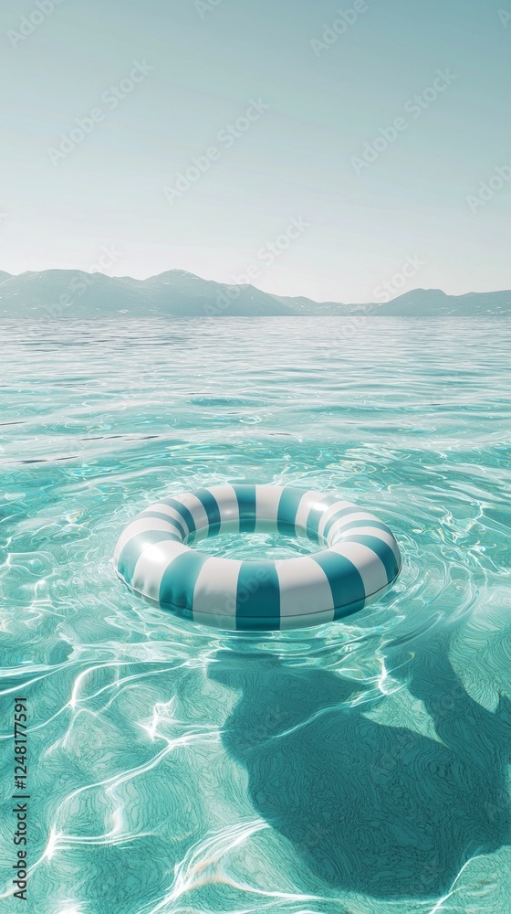 Poster a charming inflatable ring drifts gently on calm light green waters, creating a peaceful atmosphere.