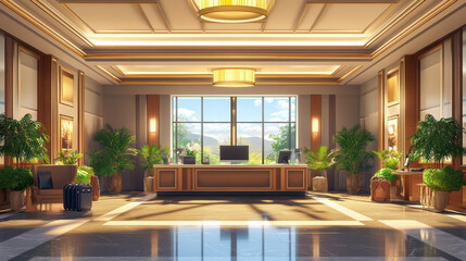 Cartoon hotel lobby interior design. Vector illustration of spacious hall with large window and elevator, computer monitor on reception desk, armchair, travel bags, green plants, lamps on ceiling