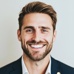 Obraz premium Confident young man with a bright smile, wearing a suit, and posing against a neutral background in a professional setting
