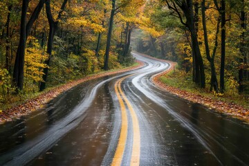 Fototapeta premium Scenic view of a road cutting through a dense autumn forest, with a car leaving tire tracks on the wet road.