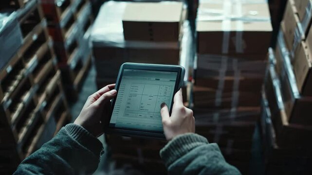 A worker using a digital tablet to manage inventory in a warehouse filled with stacked boxes and pallets. The image captures the efficiency of modern logistics and supply chain operations.