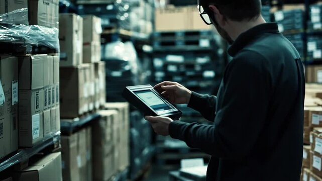 A worker using a digital tablet to manage inventory in a warehouse filled with stacked boxes and pallets. The image captures the efficiency of modern logistics and supply chain operations.