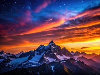 Obraz premium Majestic Pic du Midi silhouette against a fiery sunset, overlooking the star-studded Pyrenees.