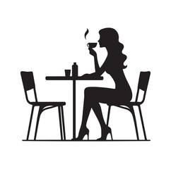 Woman sitting alone at table and drinking silhouette vector illustration