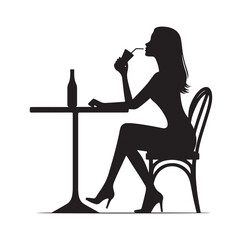 Woman sitting alone at table and drinking silhouette vector illustration