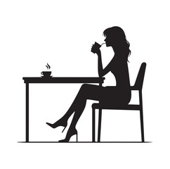 Woman sitting alone at table and drinking silhouette vector illustration