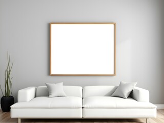 Minimalist frame mock-up perfect for product branding or artwork display. Minimalist living space with a white couch and an empty frame on a pristine white wall. 3d render