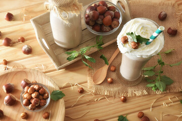 Freshly made hazelnut drink on a rustic table