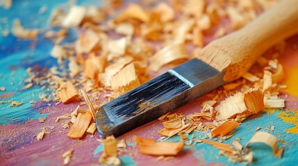 Fototapeta premium Woodworking carpenter chisel tool and wooden shavings isolated on a colorful background