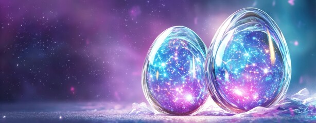 Glowing Neon Easter Background concept. Glowing cosmic eggs on a colorful space background