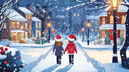 Obraz premium Two kids boy and girl in Santa Claus hats walking suburban street with houses decorated with garland at night on Christmas. Cartoon vector illustration of winter snowy neighborhood landscape.