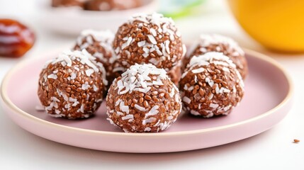 Wellness dining healthy sustainable concept. Raw cacao energy bites with flaxseeds, dates, and shredded coconut